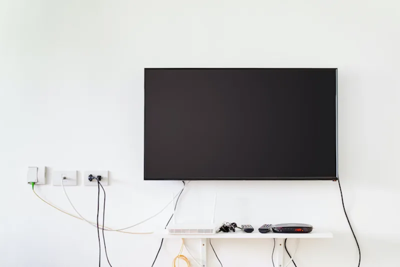 Wall-mounted TV with visible cables before cable concealment